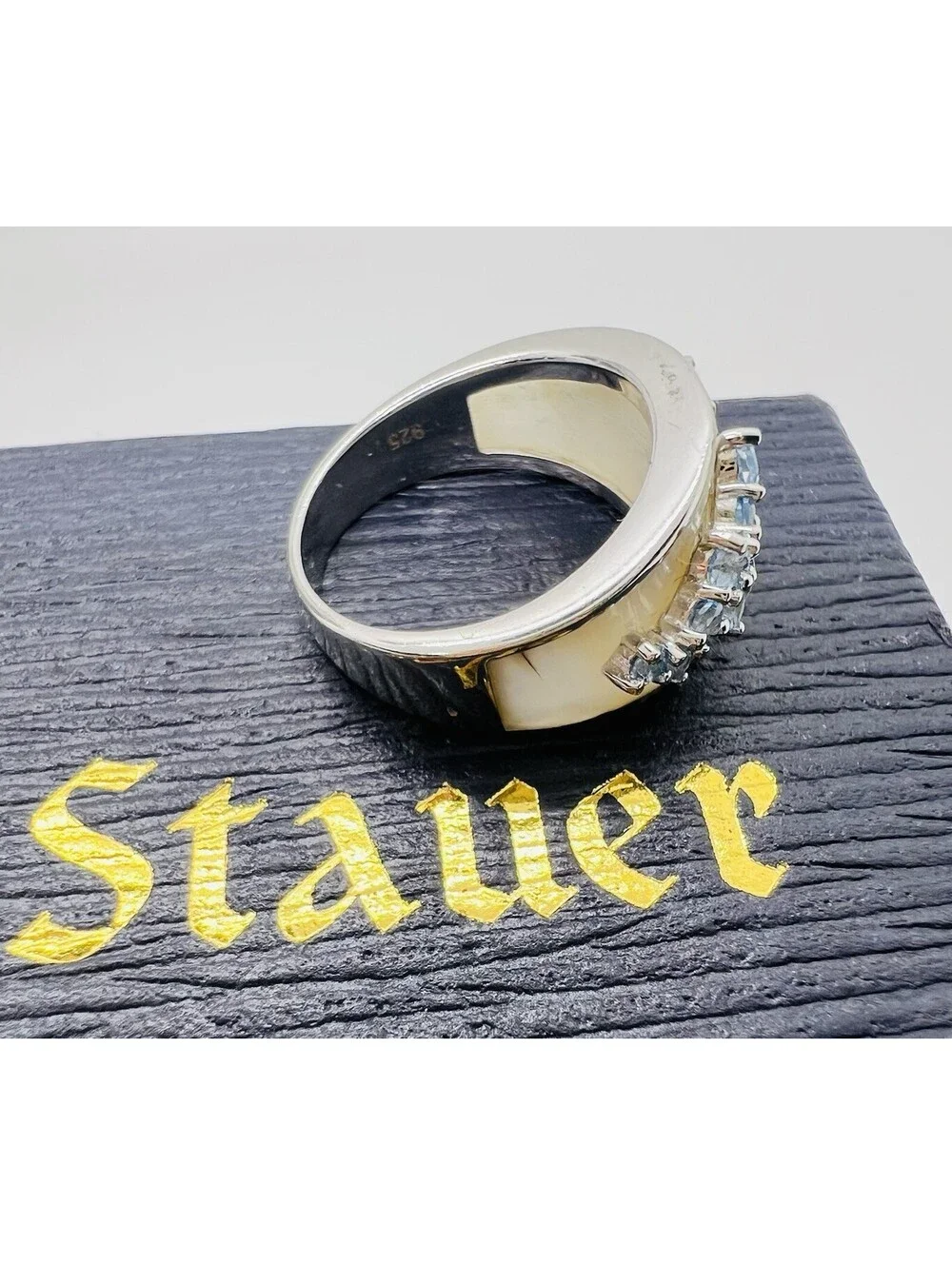 Stauer Pearl Topaz Ring swiss blue silver 925 Sz 7 luxury statement irridescent